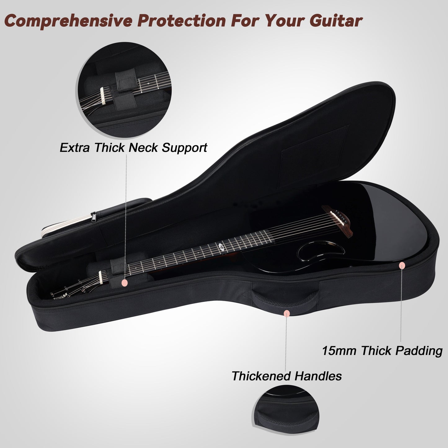 WINZZ AFO300CE guitar in glossy black, crafted with a solid spruce top and carbon fiber back for a rich tonal experience and polished appearance