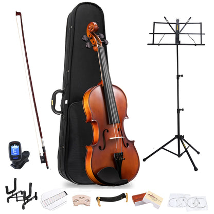 ADM TBS-V2 4/4 Full Size Solid Wood Violin Set For Beginners And Advanced Players - Complete Violin Outfit With Case, Bow, Music Sheet Stand, Table Stand, Extra Strings, Digital Tuner, Shoulder Rest, Rosin, Fingerboard Sticker, And Free Lessons