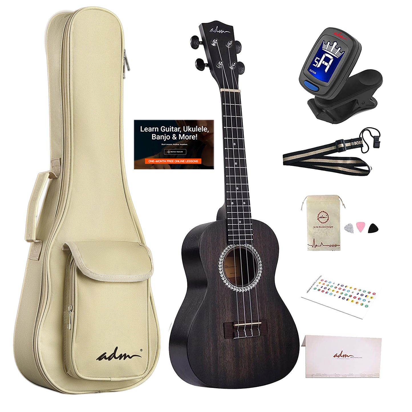 ADM JU441 Concert Ukulele Package 23inch Mahogany Ukulele with Padded Bag, Tuner, Strap, and Picks