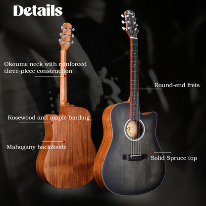 WINZZ AFM485C  Hand-Rubbed Solid Spruce Cutaway Dreadnought Acoustic Guitar with rosewood binding