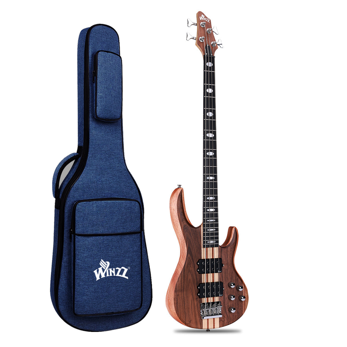 Winzz 4-String Through-Body Bass Guitar – Okoume Body with Walnut Top, Dual Humbuckers, 24 Frets