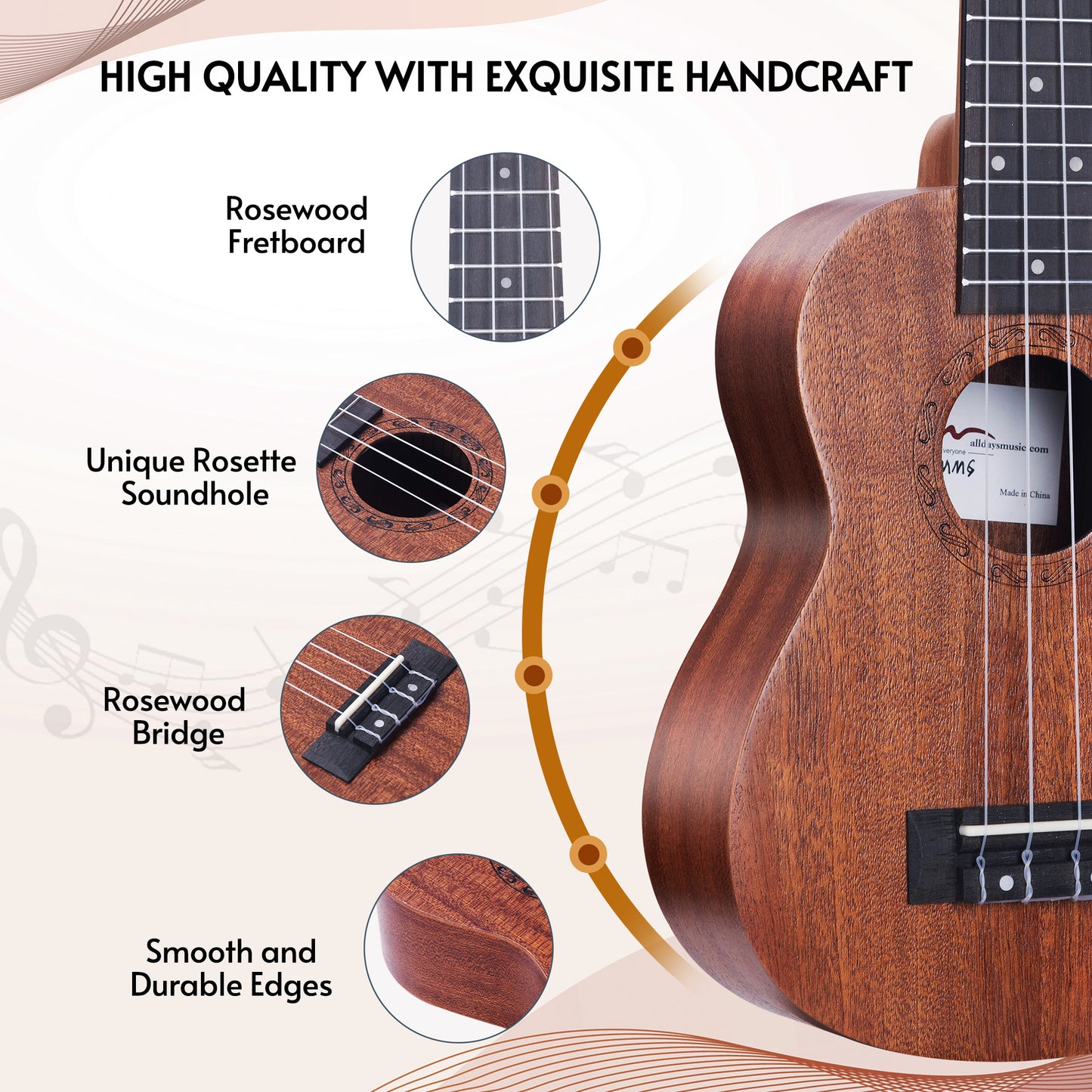 ADM Concert Ukulele Beginner Kit Mahogany Hawaiian Wood Ukelele Bundle Ukalalee Set with Uke Free Starter Lessons for kids Students and Adults, Yellow Brown