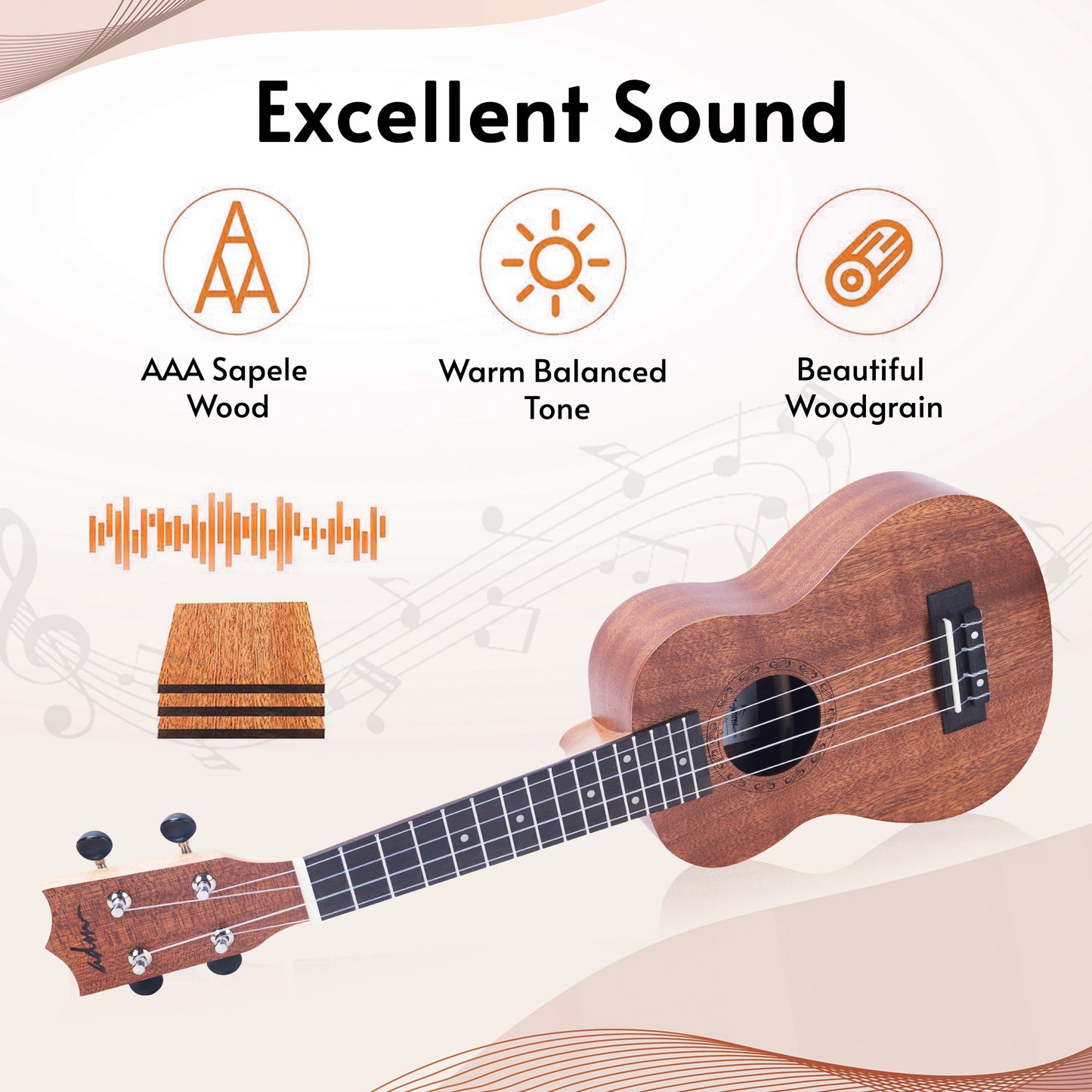 ADM Concert Ukulele Beginner Kit Mahogany Hawaiian Wood Ukelele Bundle Ukalalee Set with Uke Free Starter Lessons for kids Students and Adults, Yellow Brown