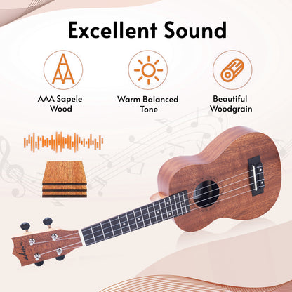 ADM Concert Ukulele Beginner Kit Mahogany Hawaiian Wood Ukelele Bundle Ukalalee Set with Uke Free Starter Lessons for kids Students and Adults, Yellow Brown