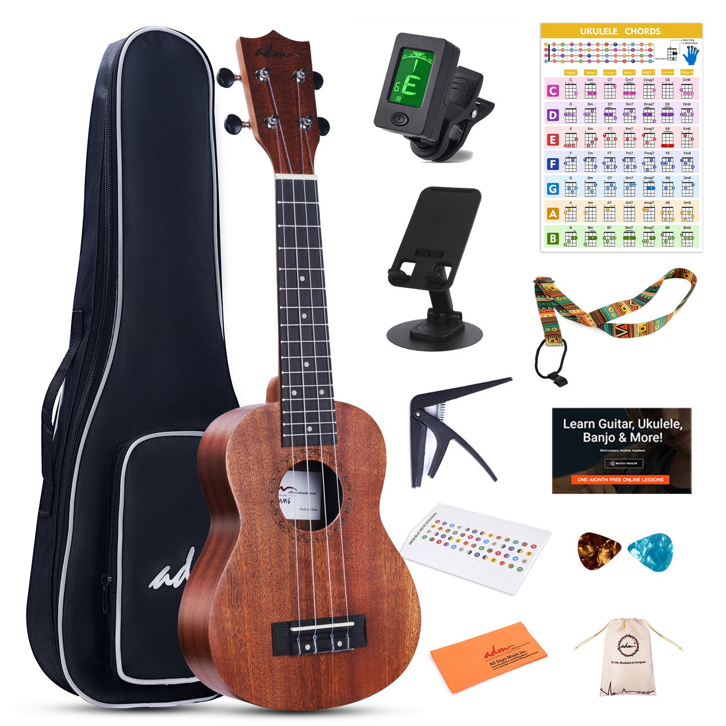 ADM Concert Ukulele Beginner Kit Mahogany Hawaiian Wood Ukelele Bundle Ukalalee Set with Uke Free Starter Lessons for kids Students and Adults, Yellow Brown