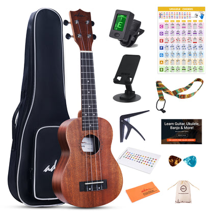 ADM Concert Ukulele Beginner Kit Mahogany Hawaiian Wood Ukelele Bundle Ukalalee Set with Uke Free Starter Lessons for kids Students and Adults, Yellow Brown