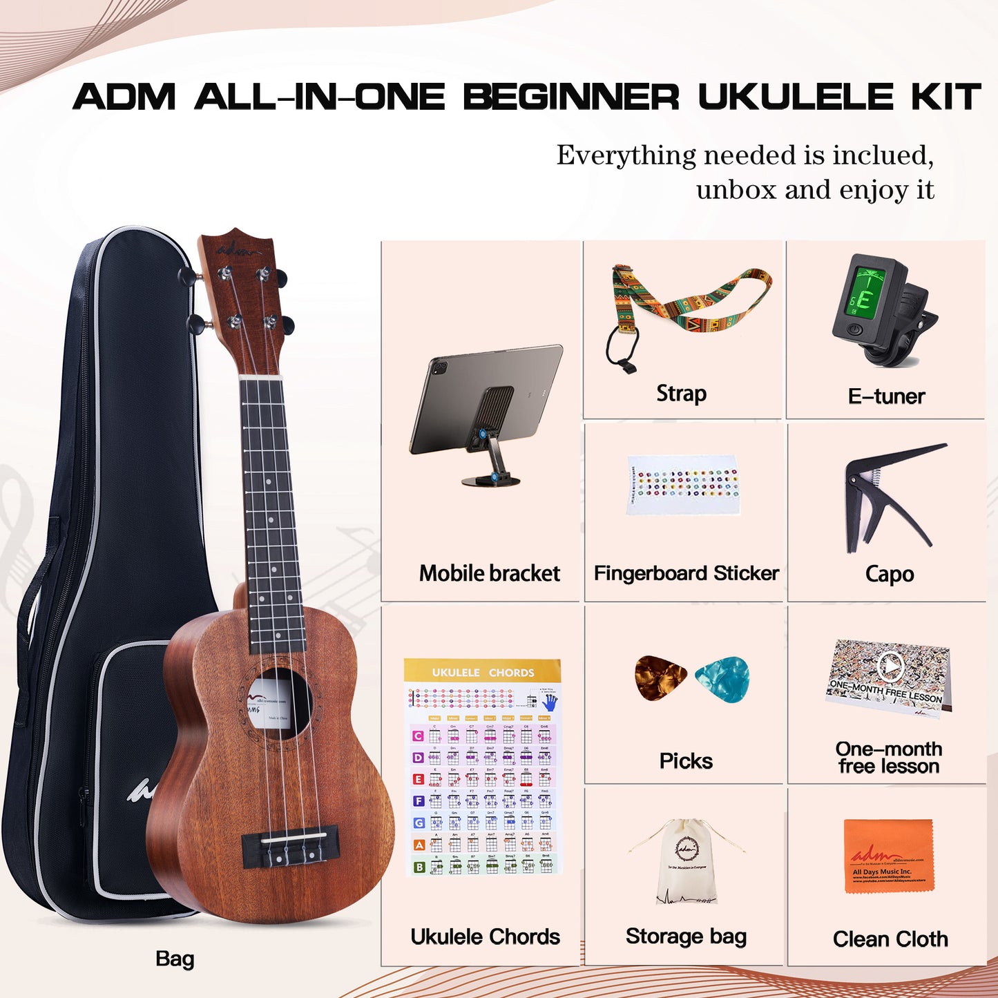 ADM Concert Ukulele Beginner Kit Mahogany Hawaiian Wood Ukelele Bundle Ukalalee Set with Uke Free Starter Lessons for kids Students and Adults, Yellow Brown