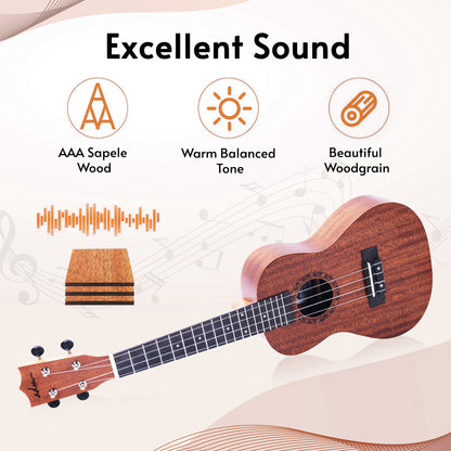 ADM Concert Ukulele Beginner Kit Mahogany Hawaiian Wood Ukelele Bundle Ukalalee Set with Uke Free Starter Lessons for kids Students and Adults, Yellow Brown