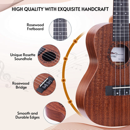 ADM Concert Ukulele Beginner Kit Mahogany Hawaiian Wood Ukelele Bundle Ukalalee Set with Uke Free Starter Lessons for kids Students and Adults, Yellow Brown
