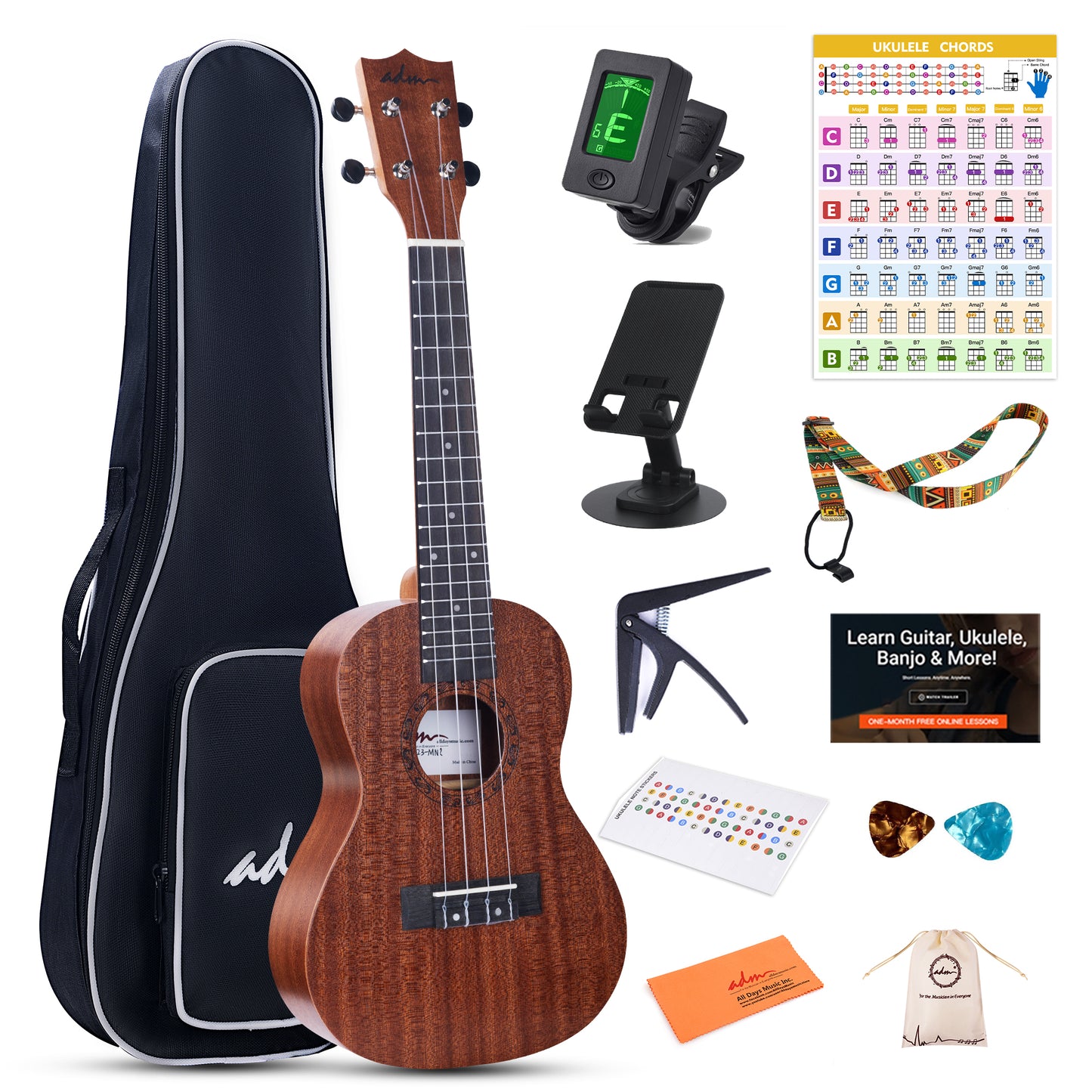 ADM Concert Ukulele Beginner Kit Mahogany Hawaiian Wood Ukelele Bundle Ukalalee Set with Uke Free Starter Lessons for kids Students and Adults, Yellow Brown