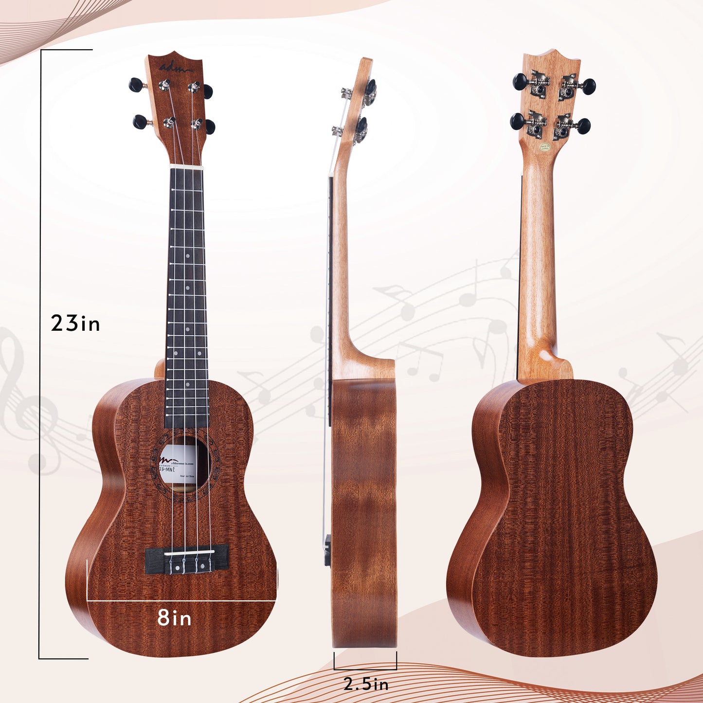 ADM Concert Ukulele Beginner Kit Mahogany Hawaiian Wood Ukelele Bundle Ukalalee Set with Uke Free Starter Lessons for kids Students and Adults, Yellow Brown