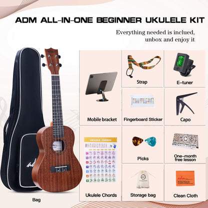 ADM Concert Ukulele Beginner Kit Mahogany Hawaiian Wood Ukelele Bundle Ukalalee Set with Uke Free Starter Lessons for kids Students and Adults, Yellow Brown