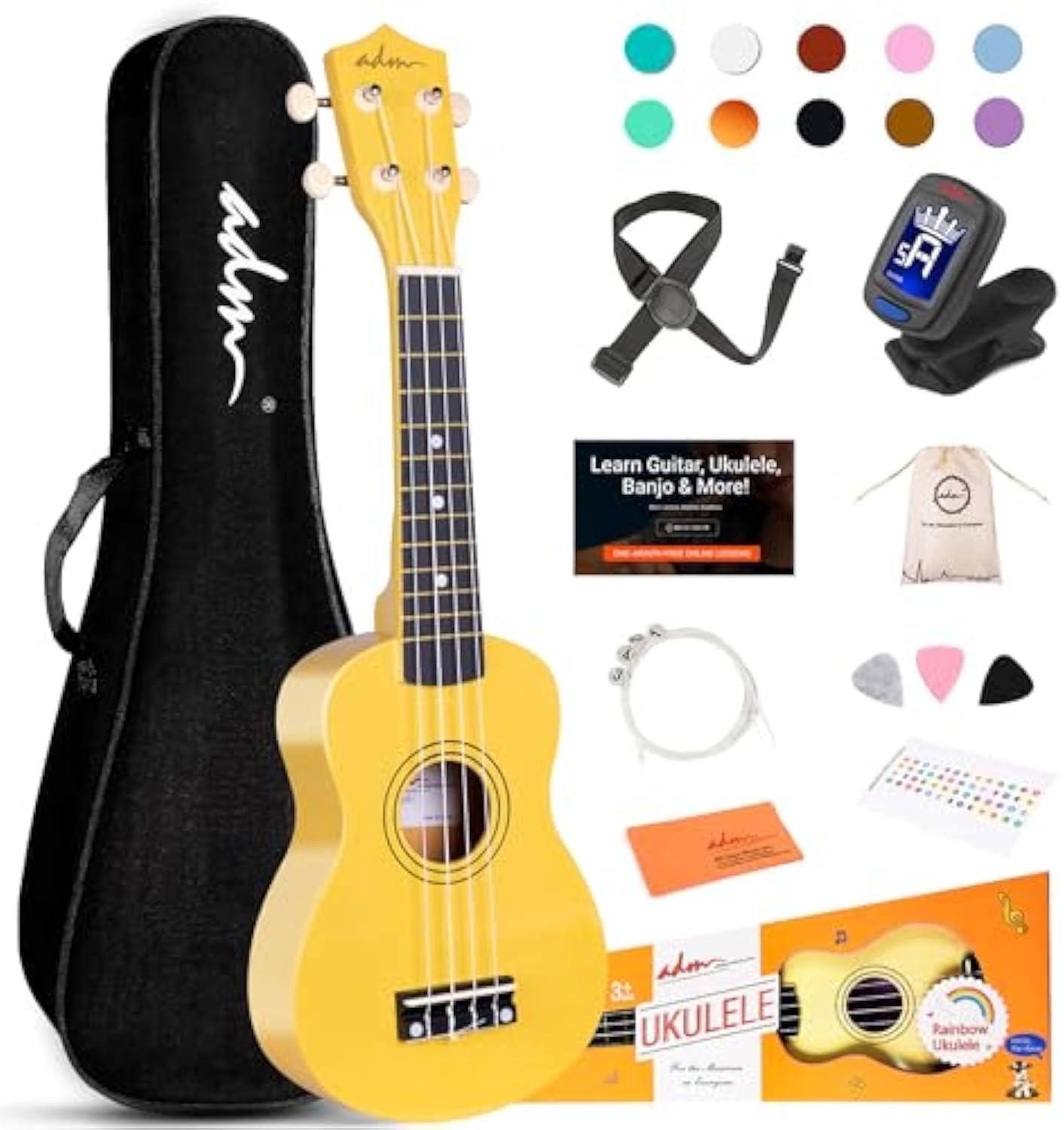 ADM Ukulele for Beginners Hawaiian Wood Ukelele Kit for Kids Adult Student Starter Professional Ukalelee Pack Bundle with Free Lessons Gig Bag Strap Nylon String Tuner (Baby Yellow, 21 Inch)