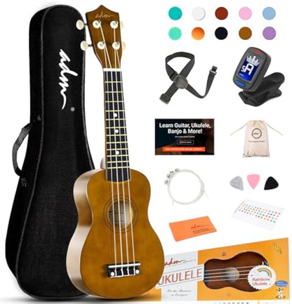 ADM Ukulele for Beginners Hawaiian Wood Ukelele Kit for Kids Adult Student Starter Professional Ukalelee Pack Bundle with Free Lessons Gig Bag Strap Nylon String Tuner (Mocha, 21 Inch)