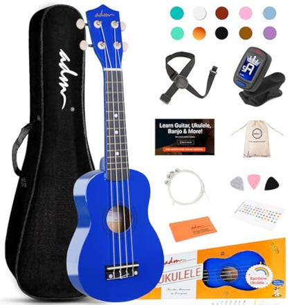 ADM Ukulele for Beginners Hawaiian Wood Ukelele Kit for Kids Adult Student Starter Professional Ukalelee Pack Bundle with Free Lessons Gig Bag Strap Nylon String Tuner (Navy, 21 Inch)