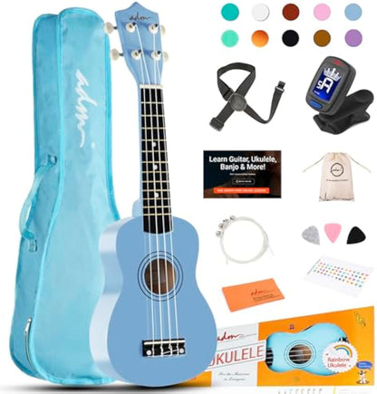 ADM Ukulele for Beginners Hawaiian Wood Ukelele Kit for Kids Adult Student Starter Professional Ukalelee Pack Bundle with Free Lessons Gig Bag Strap Nylon String Tuner (Blue, 21 Inch)