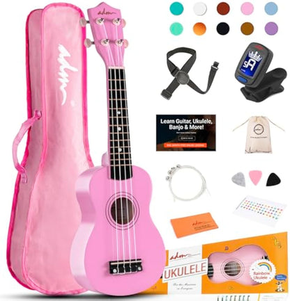 ADM Ukulele for Beginners Hawaiian Wood Ukelele Kit for Kids Adult Student Starter Professional Ukalelee Pack Bundle with Free Lessons Gig Bag Strap Nylon String Tuner (Pink, 21 Inch)