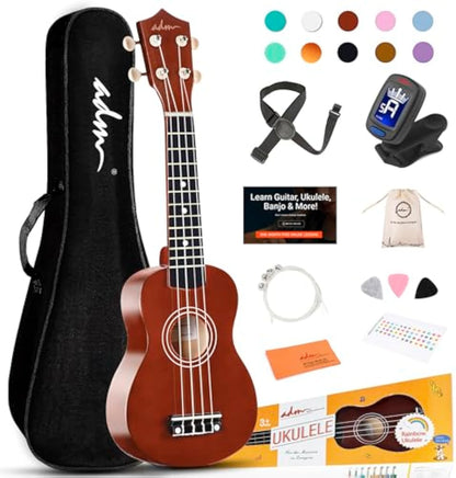 ADM Ukulele for Beginners Hawaiian Wood Ukelele Kit for Kids Adult Student Starter Professional Ukalelee Pack Bundle with Free Lessons Gig Bag Strap Nylon String Tuner (Brown, 21 Inch)