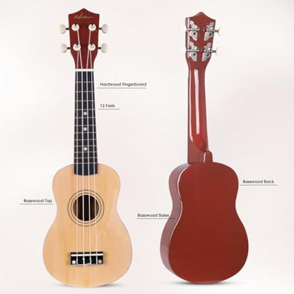 ADM Ukulele for Beginners Hawaiian Wood Ukelele Kit for Kids Adult Student Starter Professional Ukalelee Pack Bundle with Free Lessons Gig Bag Strap Nylon String Tuner (Natural, 21 Inch)