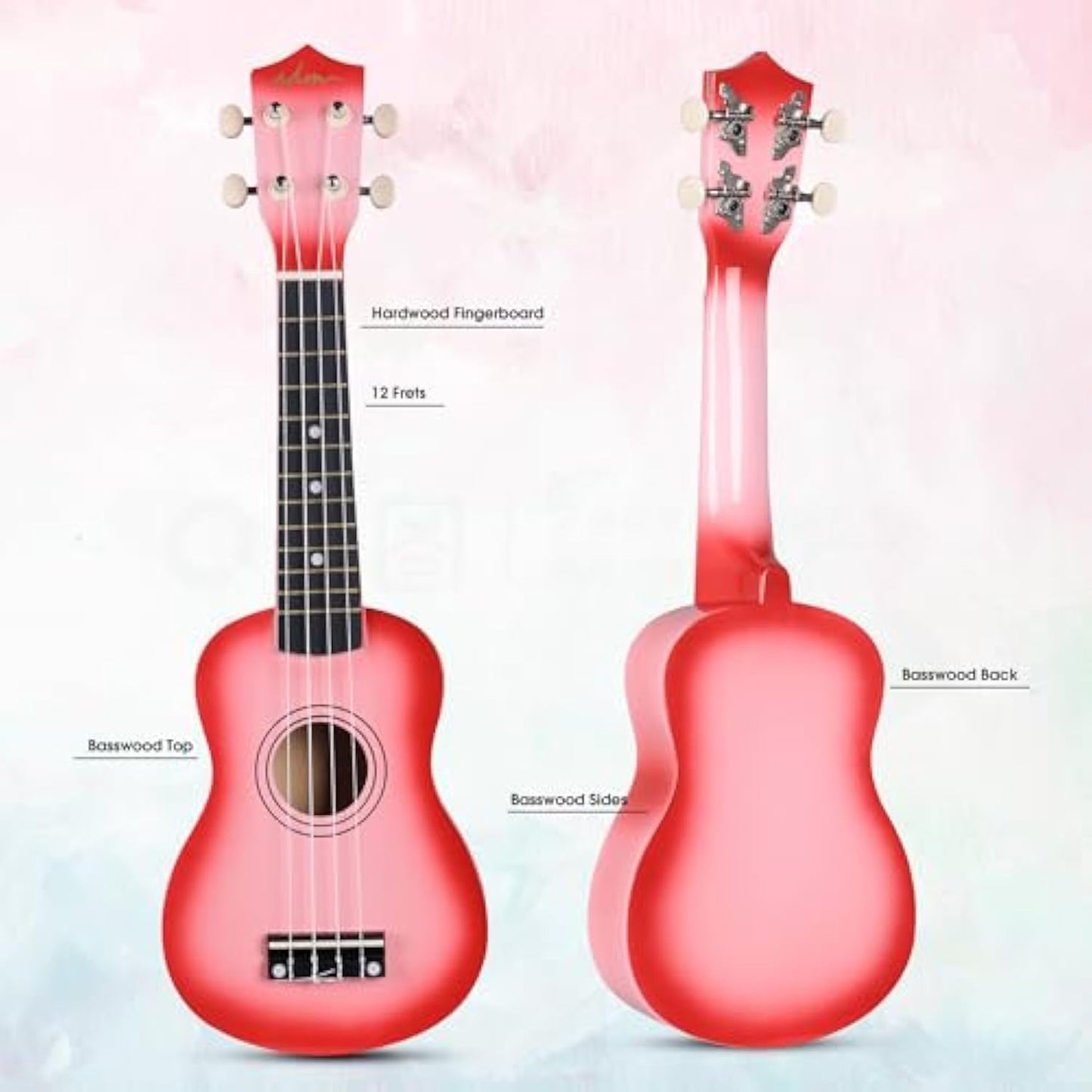 ADM Ukulele for Beginners Hawaiian Wood Ukelele Kit for Kids Adult Student Starter Professional Ukalelee Pack Bundle with Free Lessons Gig Bag Strap Nylon String Tuner (Pinkburst, 21 Inch)