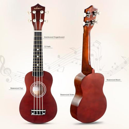 ADM Ukulele for Beginners Hawaiian Wood Ukelele Kit for Kids Adult Student Starter Professional Ukalelee Pack Bundle with Free Lessons Gig Bag Strap Nylon String Tuner (Brown, 21 Inch)