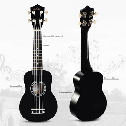 ADM Ukulele for Beginners Hawaiian Wood Ukelele Kit for Kids Adult Student Starter Professional Ukalelee Pack Bundle with Free Lessons Gig Bag Strap Nylon String Tuner (Black, 21 Inch)