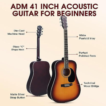 ADM Dreadnought Acoustic Guitar Kit with Free Online Lesson for Beginner Adult Teen Full Size Acustica Guitarra Starter Bundle Set