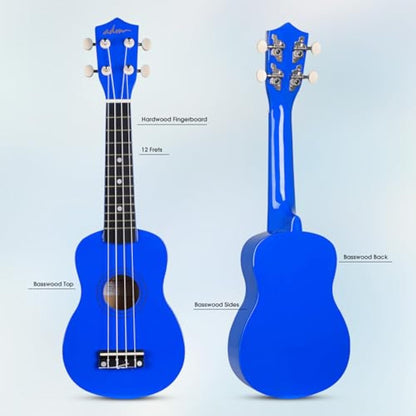 ADM Ukulele for Beginners Hawaiian Wood Ukelele Kit for Kids Adult Student Starter Professional Ukalelee Pack Bundle with Free Lessons Gig Bag Strap Nylon String Tuner (Navy, 21 Inch)