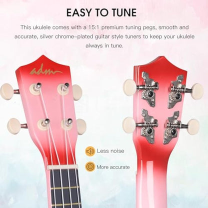 ADM Ukulele for Beginners Hawaiian Wood Ukelele Kit for Kids Adult Student Starter Professional Ukalelee Pack Bundle with Free Lessons Gig Bag Strap Nylon String Tuner (Pinkburst, 21 Inch)