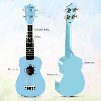 ADM Ukulele for Beginners Hawaiian Wood Ukelele Kit for Kids Adult Student Starter Professional Ukalelee Pack Bundle with Free Lessons Gig Bag Strap Nylon String Tuner (Blue, 21 Inch)