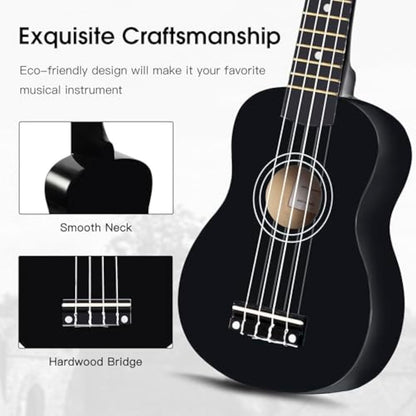 ADM Ukulele for Beginners Hawaiian Wood Ukelele Kit for Kids Adult Student Starter Professional Ukalelee Pack Bundle with Free Lessons Gig Bag Strap Nylon String Tuner (Black, 21 Inch)