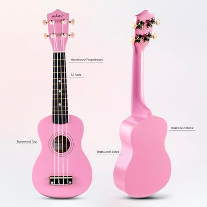ADM Ukulele for Beginners Hawaiian Wood Ukelele Kit for Kids Adult Student Starter Professional Ukalelee Pack Bundle with Free Lessons Gig Bag Strap Nylon String Tuner (Pink, 21 Inch)