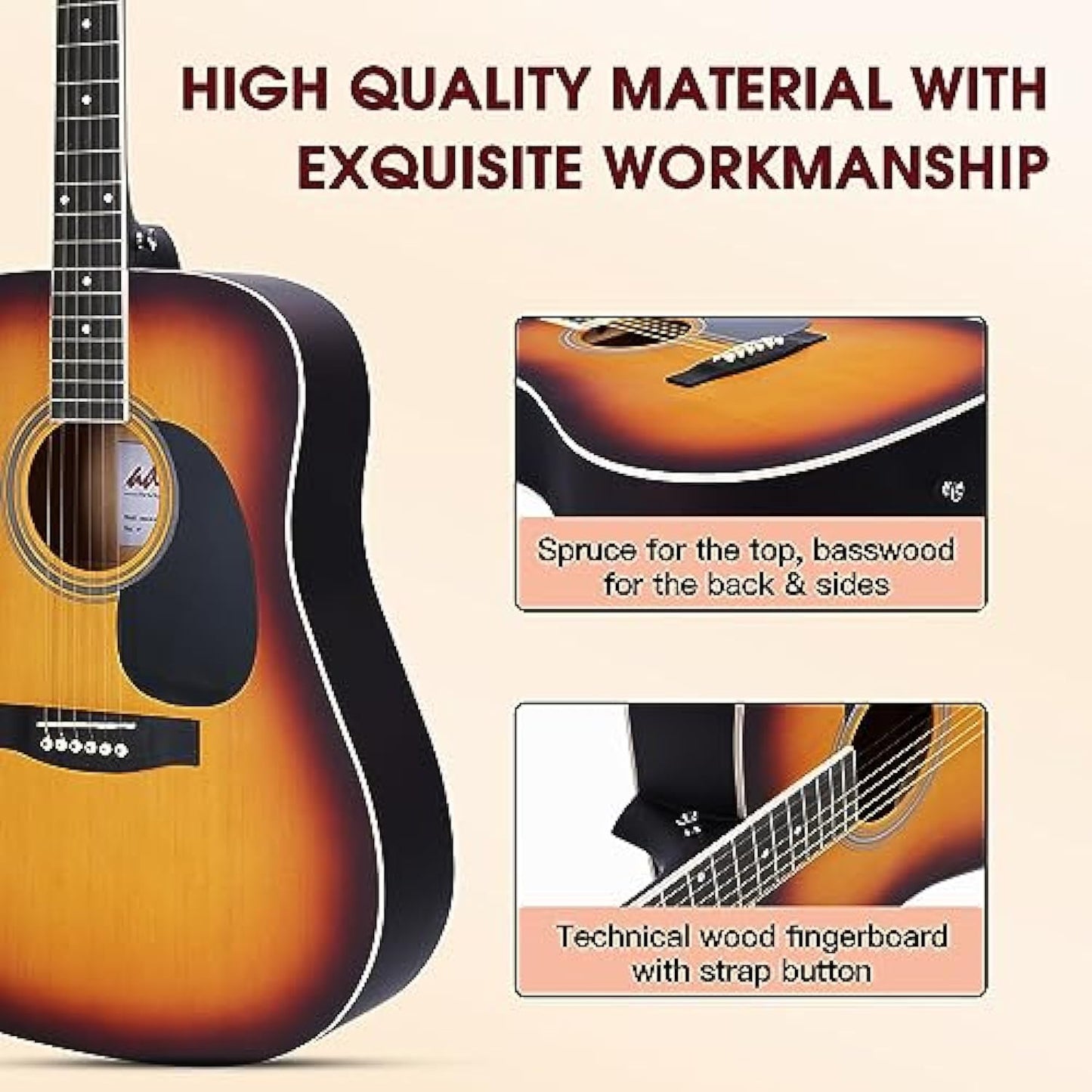 ADM Dreadnought Acoustic Guitar Kit with Free Online Lesson for Beginner Adult Teen Full Size Acustica Guitarra Starter Bundle Set