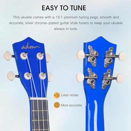 ADM Ukulele for Beginners Hawaiian Wood Ukelele Kit for Kids Adult Student Starter Professional Ukalelee Pack Bundle with Free Lessons Gig Bag Strap Nylon String Tuner (Navy, 21 Inch)