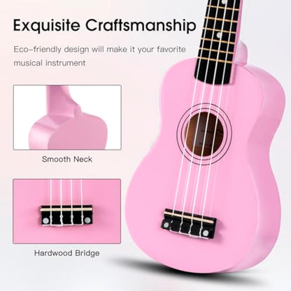 ADM Ukulele for Beginners Hawaiian Wood Ukelele Kit for Kids Adult Student Starter Professional Ukalelee Pack Bundle with Free Lessons Gig Bag Strap Nylon String Tuner (Pink, 21 Inch)
