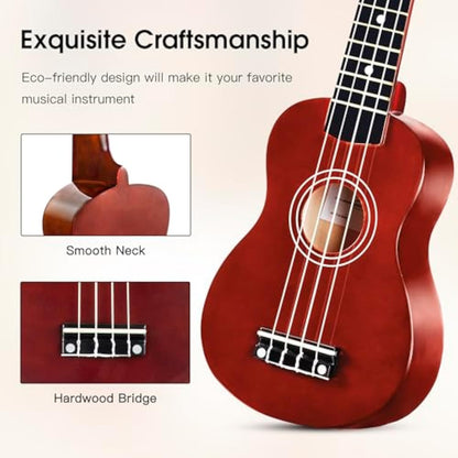 ADM Ukulele for Beginners Hawaiian Wood Ukelele Kit for Kids Adult Student Starter Professional Ukalelee Pack Bundle with Free Lessons Gig Bag Strap Nylon String Tuner (Brown, 21 Inch)