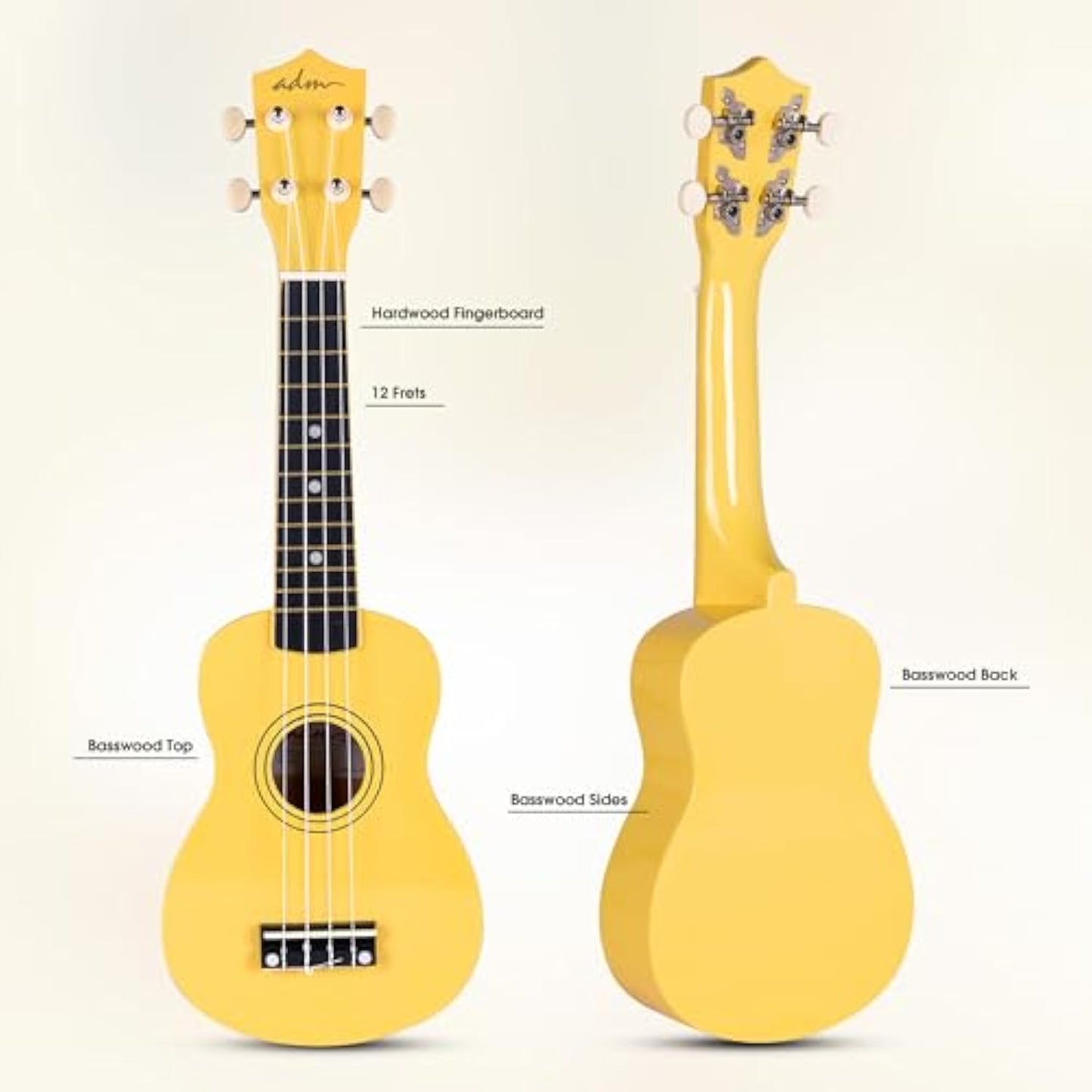 ADM Ukulele for Beginners Hawaiian Wood Ukelele Kit for Kids Adult Student Starter Professional Ukalelee Pack Bundle with Free Lessons Gig Bag Strap Nylon String Tuner (Baby Yellow, 21 Inch)