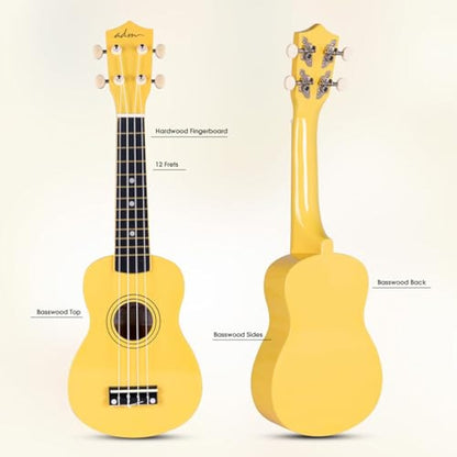 ADM Ukulele for Beginners Hawaiian Wood Ukelele Kit for Kids Adult Student Starter Professional Ukalelee Pack Bundle with Free Lessons Gig Bag Strap Nylon String Tuner (Baby Yellow, 21 Inch)