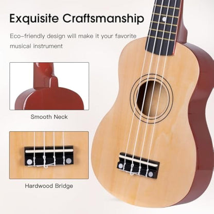 ADM Ukulele for Beginners Hawaiian Wood Ukelele Kit for Kids Adult Student Starter Professional Ukalelee Pack Bundle with Free Lessons Gig Bag Strap Nylon String Tuner (Natural, 21 Inch)