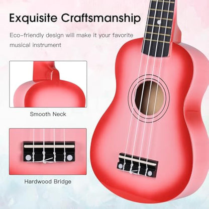 ADM Ukulele for Beginners Hawaiian Wood Ukelele Kit for Kids Adult Student Starter Professional Ukalelee Pack Bundle with Free Lessons Gig Bag Strap Nylon String Tuner (Pinkburst, 21 Inch)