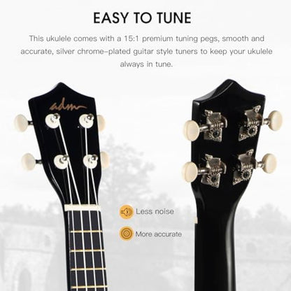 ADM Ukulele for Beginners Hawaiian Wood Ukelele Kit for Kids Adult Student Starter Professional Ukalelee Pack Bundle with Free Lessons Gig Bag Strap Nylon String Tuner (Black, 21 Inch)