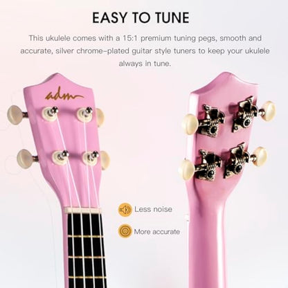 ADM Ukulele for Beginners Hawaiian Wood Ukelele Kit for Kids Adult Student Starter Professional Ukalelee Pack Bundle with Free Lessons Gig Bag Strap Nylon String Tuner (Pink, 21 Inch)