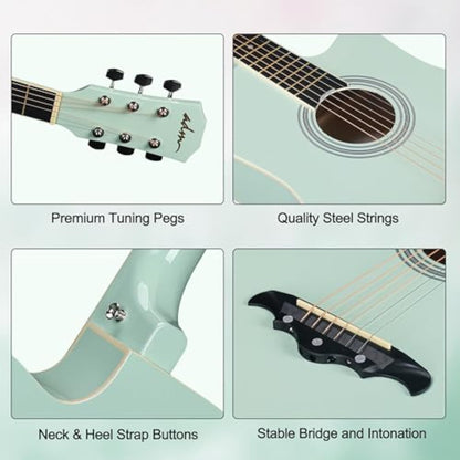 ADM 38" Inch Acoustic Guitar Bundle for Beginners Adults with Online Lesson, Cutaway Wood Acustica Guitarra Starter Set Package with Gig Bag, Strap, Steel Strings, Picks, Capos, Stand, Green