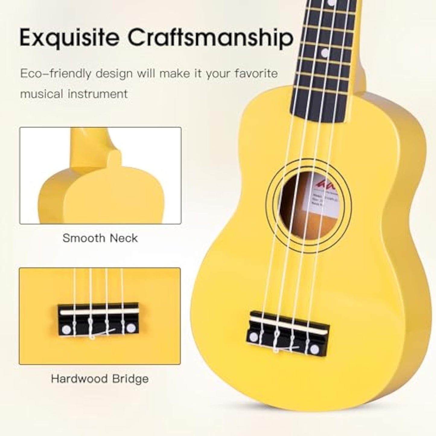 ADM Ukulele for Beginners Hawaiian Wood Ukelele Kit for Kids Adult Student Starter Professional Ukalelee Pack Bundle with Free Lessons Gig Bag Strap Nylon String Tuner (Baby Yellow, 21 Inch)