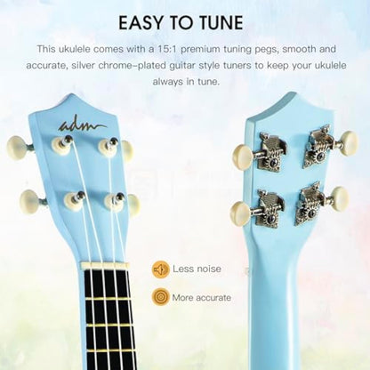 ADM Ukulele for Beginners Hawaiian Wood Ukelele Kit for Kids Adult Student Starter Professional Ukalelee Pack Bundle with Free Lessons Gig Bag Strap Nylon String Tuner (Blue, 21 Inch)