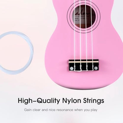 ADM Ukulele for Beginners Hawaiian Wood Ukelele Kit for Kids Adult Student Starter Professional Ukalelee Pack Bundle with Free Lessons Gig Bag Strap Nylon String Tuner (Pink, 21 Inch)
